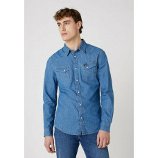 Wrangler Camicia Uomo In Jeans Denim - Vestibilità Regolare, Stile Western Con Bottoni A Scatto, Colore Denim Mid Wash, Taglia L